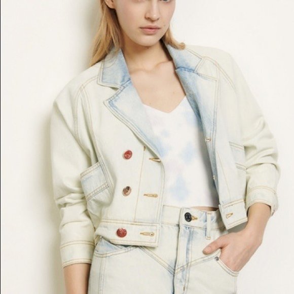 Sandro Abel Rare Washed Denim Jacket Faded Leather Logo missing 1 button New S